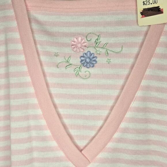 Karen Scott Pink Striped Embroidered V-Neck Short Sleeve Top Size L [0317] - Picture 4 of 10